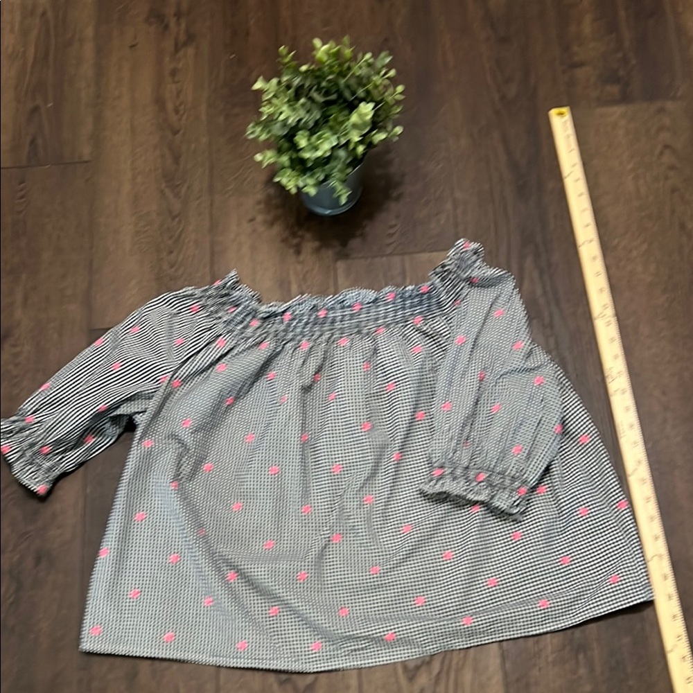 GAP Black and White Gingham Off-Shoulder Top with Pink Accents